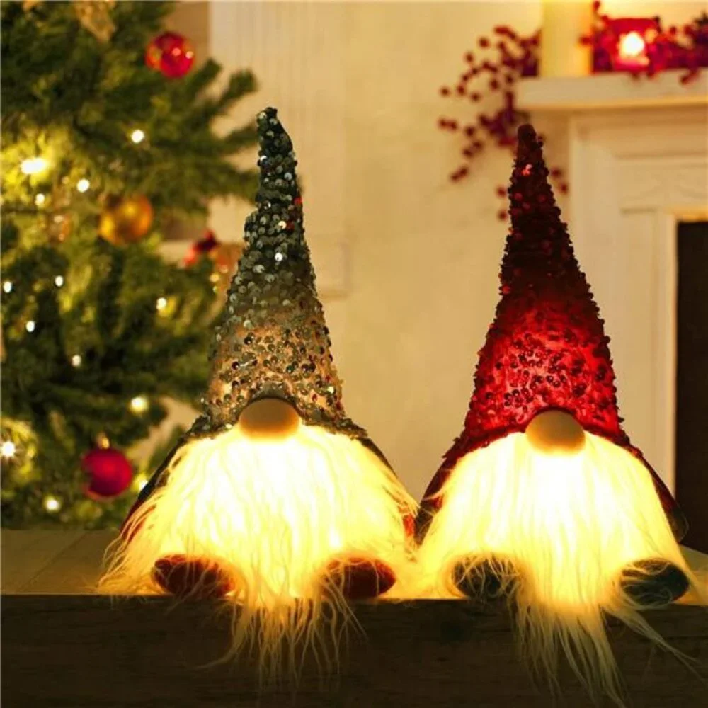 Lighted Christmas Gnome Set Scandinavian Tomte Plush Elf Tabletop Holiday Decor